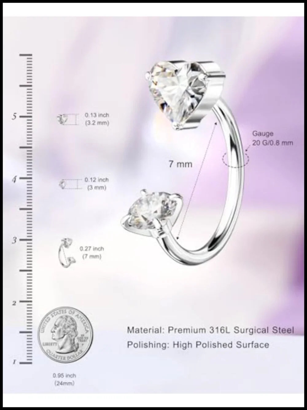 20G Heart Horseshoe Nose Ring 316L Surgical Steel Threadless Push Pin Piercing
